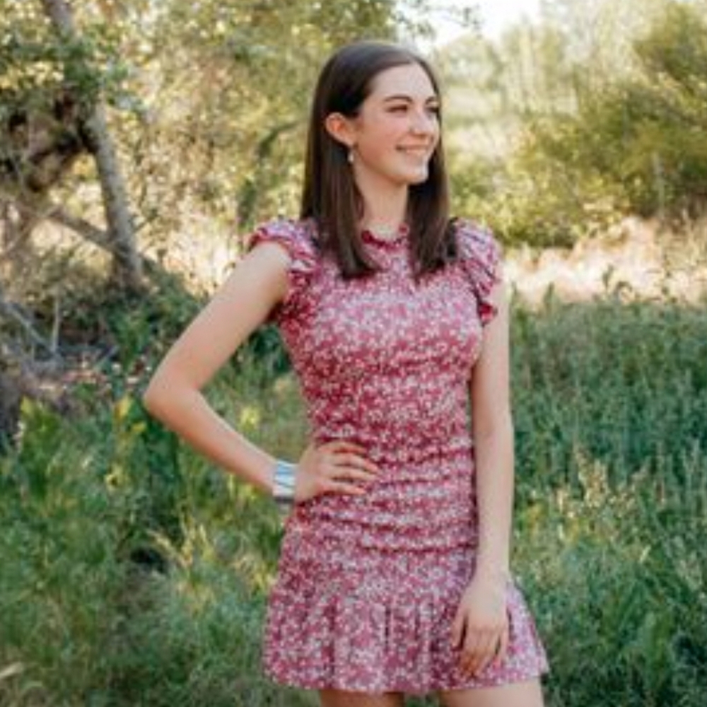 💟 Liberty Love Medium Mauve Pink Floral Ruffle Short Sleeved Rouched Mini Dress